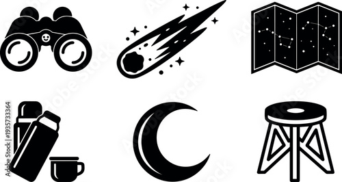 Minimalist icon set close up binoculars comet star map thermos cup crescent moon folding stool flat black vector icons collection