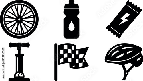 Flat design close up cycling equipment icon set with wheel water bottle energy bar pump finish flag helmet black silhouette vector