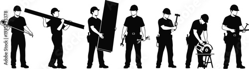 Construction worker silhouettes using tools, hammer, saw and carrying materials, professional builders isolated vector set for renovation and building work