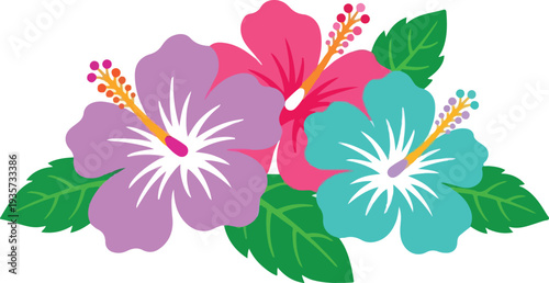 Brighten your design with this tropical hibiscus flower vector set featuring pink, red, orange, and teal blooms paired with lush monstera and palm leaves