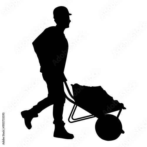 Construction worker pushing wheelbarrow