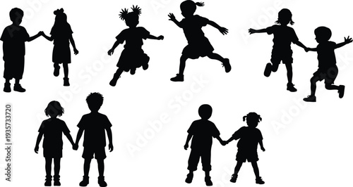 Children silhouettes playing together, holding hands, running, jumping, childhood friendship, outdoor fun, happy kids, teamwork, bonding, joy, energy, companionship