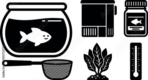 Flat design closeup aquarium care icon set fishbowl with smiling fish aquarium net food jar plant thermometer black and white
