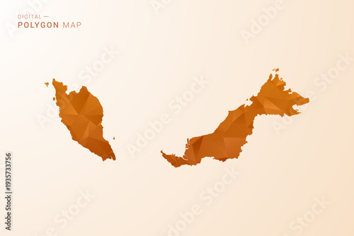 Malaysia Map - Low Poly Polygon Vector Illustration in Orange Hue, Clean Geometric Style, Isolated on White Background.