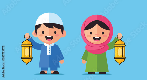 Ramadan Kareem Night Illustration with Mosque, Lanterns, Crescent Moon and Iftar Dates