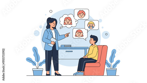 Counselor or teacher pointing to thought bubbles with different emotions while talking to a young boy sitting in a chair during a session.