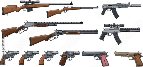 Collection of various firearms including rifles, revolvers, pistols and assault style weapons illustrated in detailed vector style isolated on background for weapon catalog design