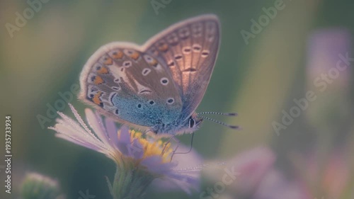 Butterfly Close Up Shot Resting on a Purple Flower with Dew Drops