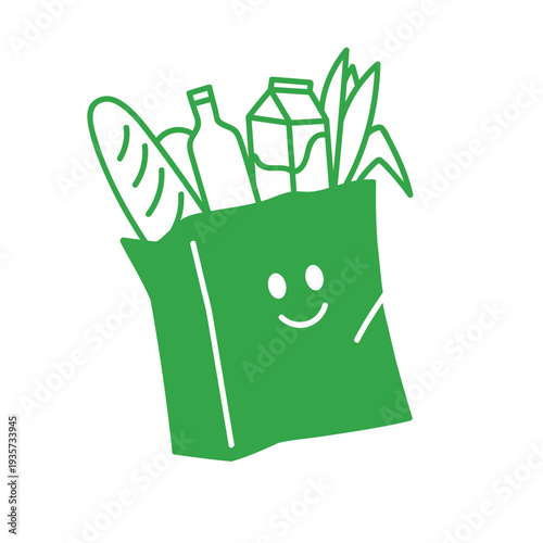 Eco-friendly reusable shopping bag filled with groceries including bread, bottle, carton and vegetables. Sustainable lifestyle, zero waste and conscious consumption concept. Flat vector illustration.