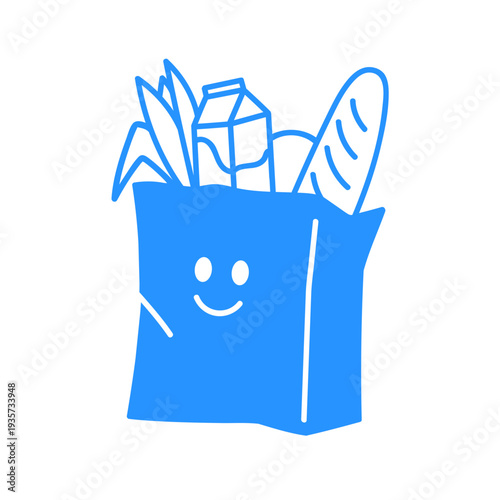 Eco-friendly reusable shopping bag filled with groceries including bread, bottle, carton and vegetables. Sustainable lifestyle, zero waste and conscious consumption concept. Flat vector illustration.