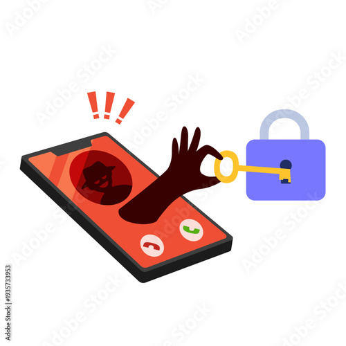 Hand emerging from smartphone stealing key near lock. Concept of hacking, password theft and cybersecurity breach. Flat vector illustration.