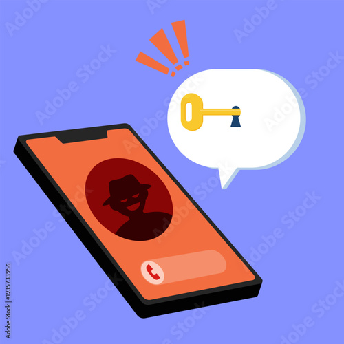 Smartphone with incoming scam call and key symbol in message bubble. Concept of phishing, password theft and mobile security threat. Flat vector illustration.