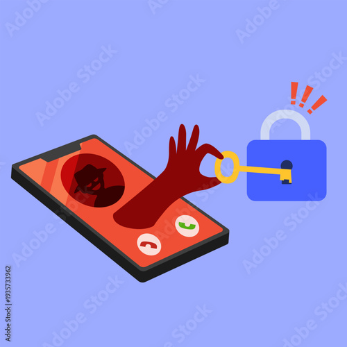 Hand emerging from smartphone stealing key near lock. Concept of hacking, password theft and cybersecurity breach. Flat vector illustration.
