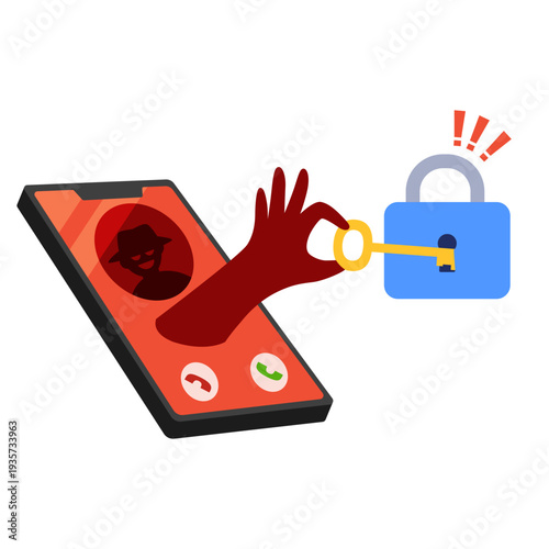 Hand emerging from smartphone stealing key near lock. Concept of hacking, password theft and cybersecurity breach. Flat vector illustration.