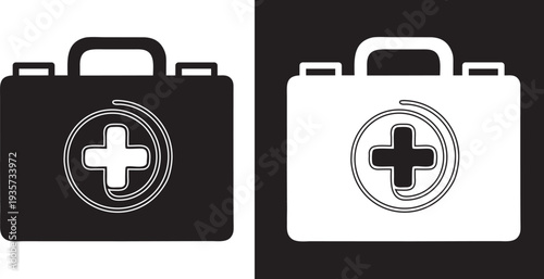 First Aid Box icon. Line act and Solid Black Healthcare Bag Vector silhouette  Illustration. Medical kit icon line art vector