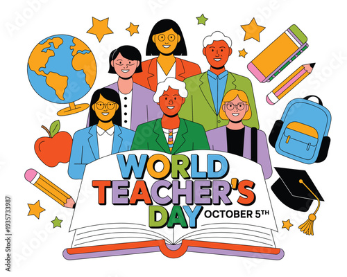 Diverse group of educators celebrates World Teacher's Day over an open book illustration.