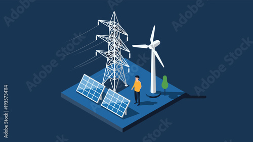 Isometric view of a man standing near renewable energy sources including solar panels a wind turbine and an electric power transmission tower.