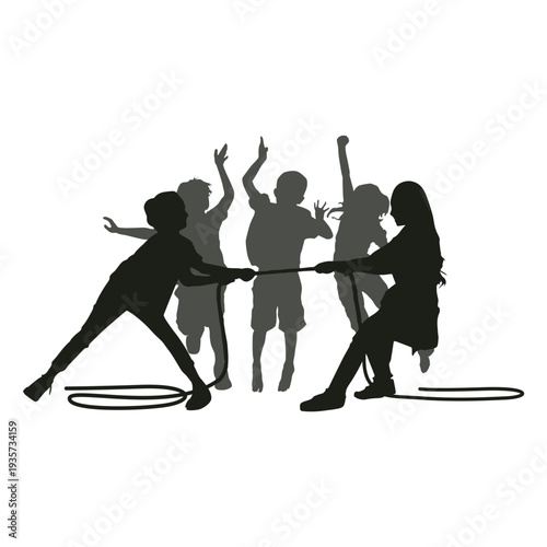 Kids pulling rope silhouette