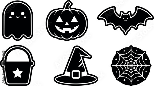 Flat vector sticker style halloween icons set smiling ghost pumpkin bat bucket witch hat spider web