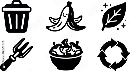 Flat design composting icon set banana peel trash bowl garden fork leaf recycling arrows simple black silhouettes eco friendly symbols