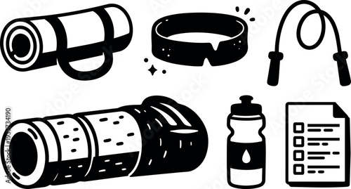 Hand drawn monochrome vector set showing top view fitness gear rolled mat foam roller jump rope water bottle checklist simple
