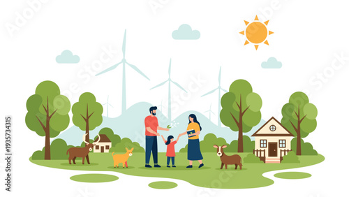Happy family standing in green landscape with renewable energy windmills and solar sun symbolizing sustainable living and environmental protection.