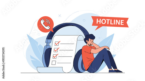 Young man sitting next to large headphones and checklist document illustrating customer support service and hotline assistance concepts.