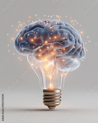 Innovation Illuminates: A luminous brain encased within a glowing light bulb, representing the spark of innovation, creativity, and the power of thought in a conceptual display.