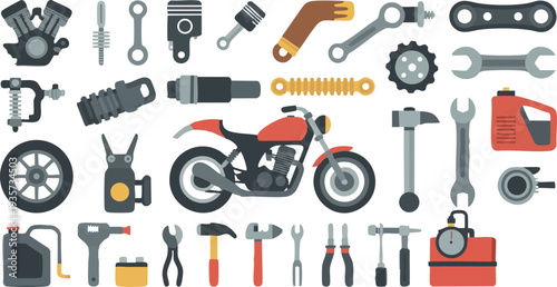 "A detailed collection of vector icons representing various motorbike parts and tools. Includes illustrations of helmets, engines, gears, spanners, wheels, and other motorcycle-related elements