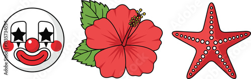 Kawaii Clown Face with Star Eyes, Red Tropical Hibiscus Flower, and Spotted Red Starfish Coastal Vector Illustration Set