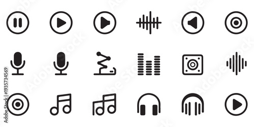 Audio vector line icon set for music, media player, sound wave, volume, microphone, and headphones