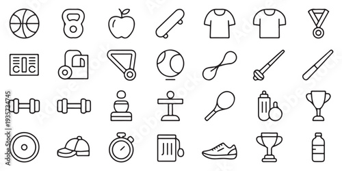 Sports and fitness outline icons vector illustration set with simple line style for web and mobile