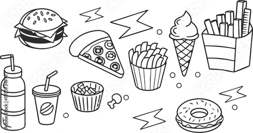 Slice of pepperoni pizza. Fast Food Doodle Line Art Illustration. Vector clip art illustration with simple gradients. All in a single layer.