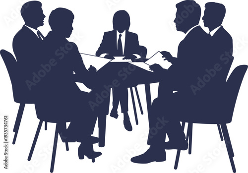 Corporate business meeting silhouettes with documents, team discussion collaboration strategy planning, professional office communication negotiation teamwork concept illustration