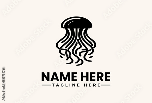 A black jellyfish logo illustration with flowing tentacles and a placeholder text 'NAME HERE' and 'TAGLINE HERE' on a plain beige background, featuring a simple vector design.