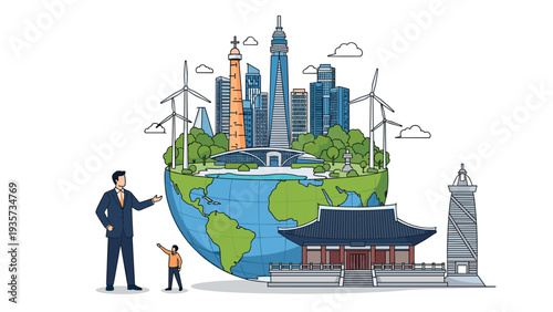 Businessman showing a child the importance of green city development on a globe featuring modern buildings and renewable energy windmills.