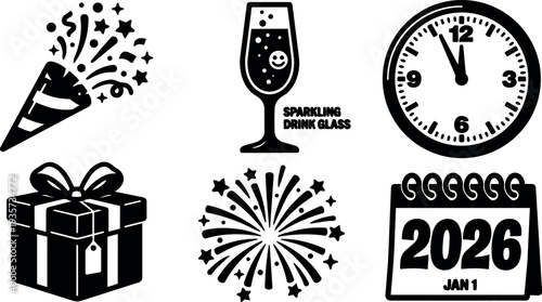 Flat design party icons set close up clock at midnight champagne glass gift fireworks calendar january first celebration vector art