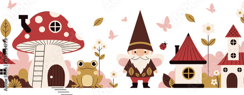 Cute fairy tale gnome with mushroom house and frog cartoon vector illustration