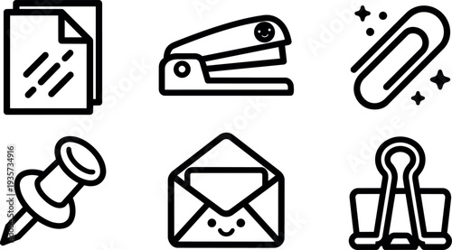 Minimalist line icon set of six office supply icons smiling envelope stapler paperclip binder clip close up grid black outline