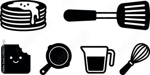 Flat design close up pancake stack with dripping syrup and smiling cookie spatula and whisk kitchen utensils minimal icon vector