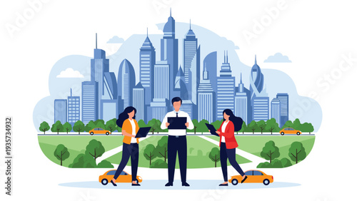 Group of professional business people working on laptops in a city park with modern skyscrapers and yellow taxis in the background landscape.