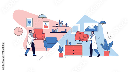 Professional interior designers choosing and placing furniture items in different color schemes to create a stylish and comfortable home living space.