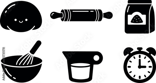 Flat design smiling dough and rolling pin with whisk measuring cup flour bag and timer kitchen icons closeup minimalist black