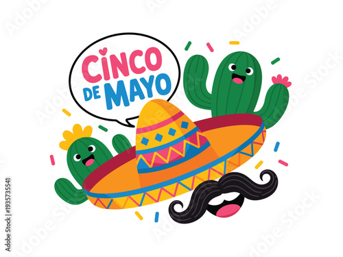 Smiling cartoon cacti celebrate Cinco de Mayo with a large sombrero and a fake mustache.