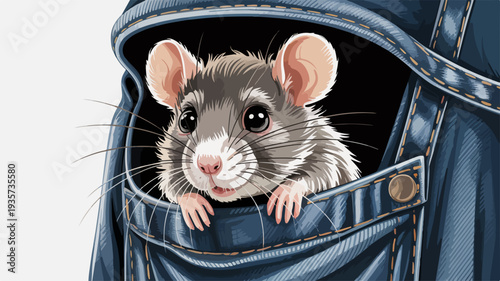 Curious gray mouse peeking out of a denim jeans pocket on white background