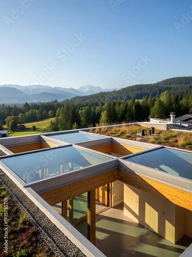Sustainable alpine home design with a green roof and panoramic view