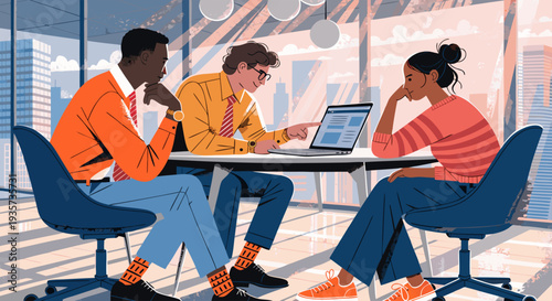 Diverse business team collaborating on a project in a modern office, discussing data and strategy during a productive meeting with a city view background