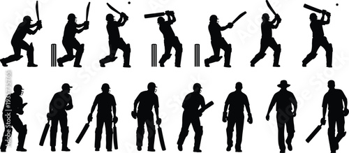 Cricket player silhouettes collection showing batting poses swing shots and standing cricketers sport athlete vector illustration isolated black set