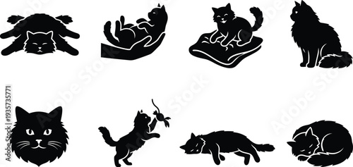 Collection of Black Cat Silhouettes in Various Poses on a White Background