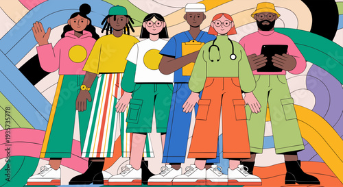 A diverse group of people, including medical professionals, standing together, representing unity and teamwork in a vibrant, abstract background